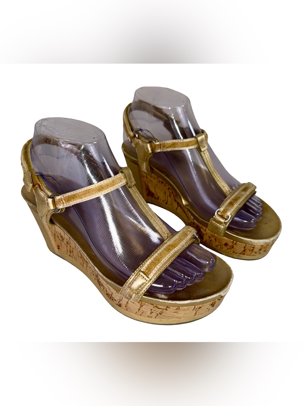 PRADA GOLD WEDGE SANDALS WITH CORK PLATFORMS